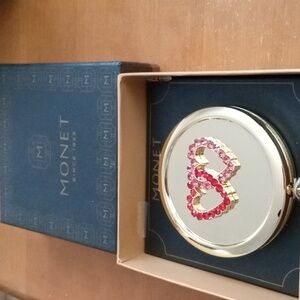 Monet Compact Double Mirror Gold Tone Red Crystal Double Hearts